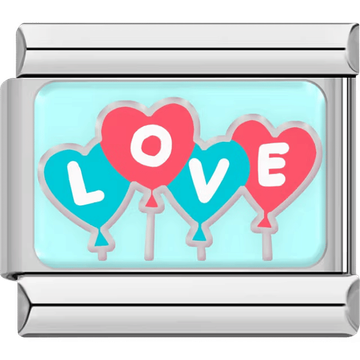 Four heart-shaped balloons spelling LOVE in pink and teal on a light aqua background.